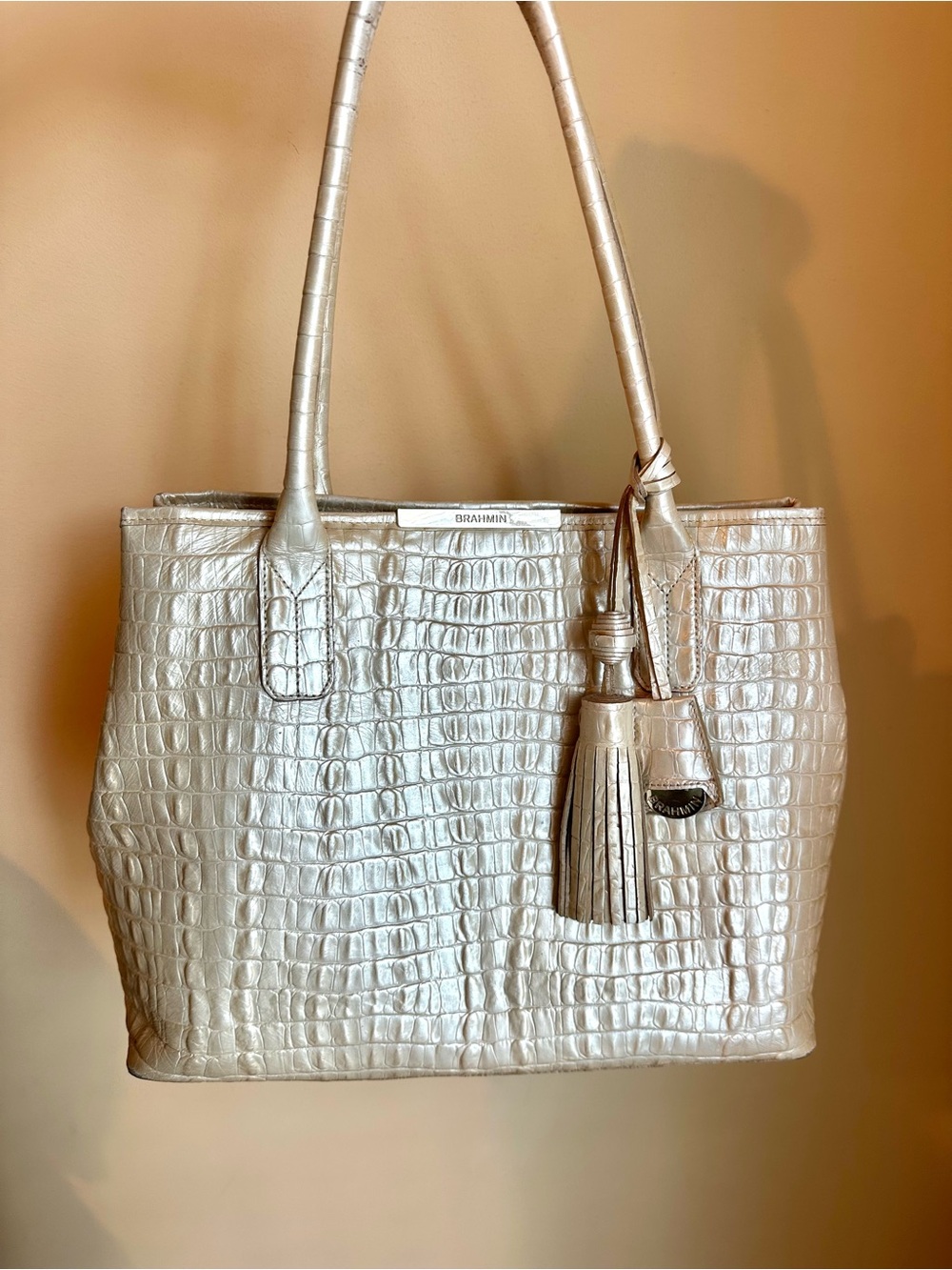 Brahmin Metallic Champagne Croc-Embossed Tote